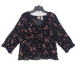 Emma James By Liz Clairborne Black and Pink Floral Blouse Sheer Ruffle 16P Petit